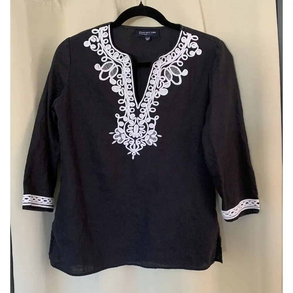 Jones New York Signature Women’s Dark Gray 100% Linen Shirt White Detail Small - Picture 6 of 11